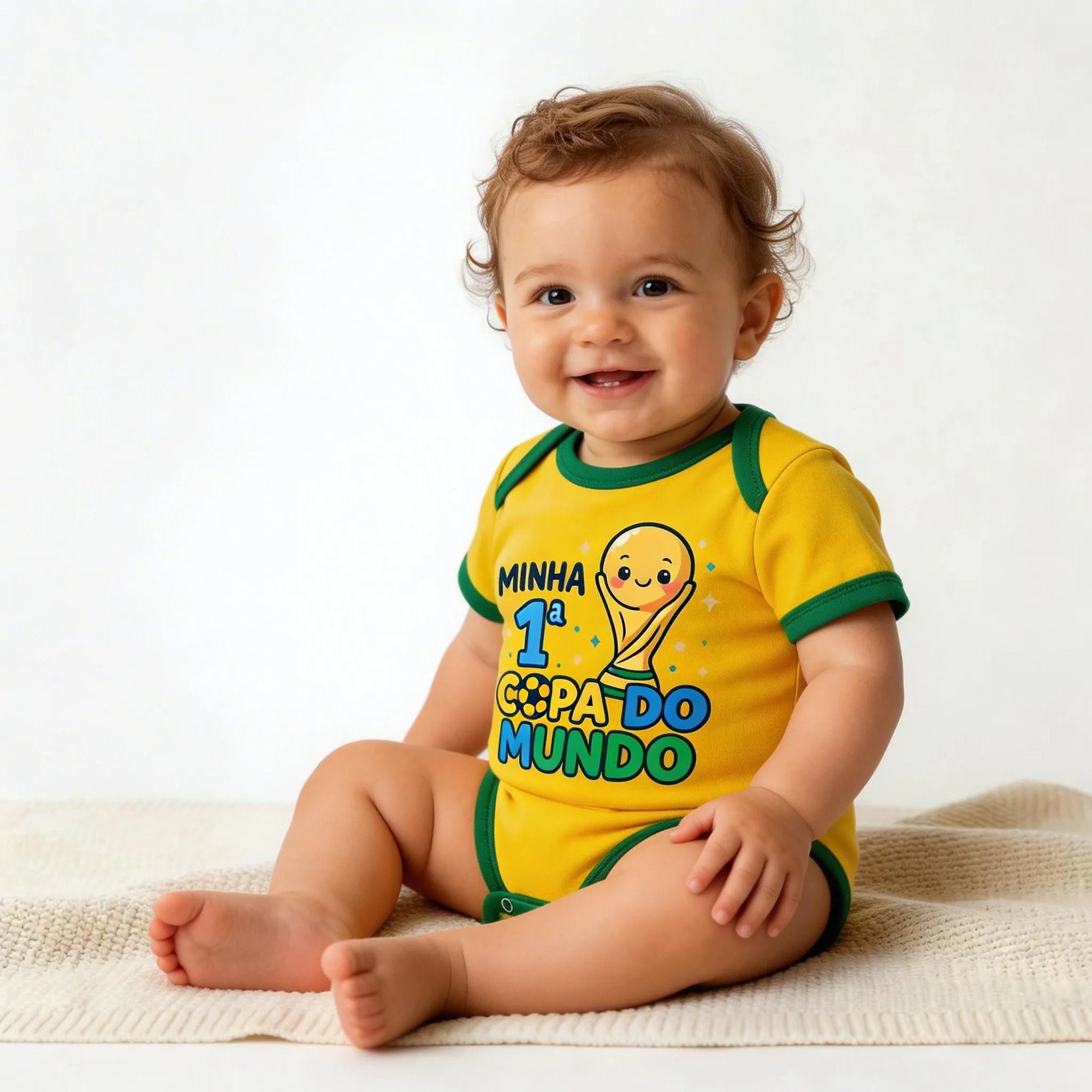 Bebê vestindo body minha primeira copa taça brasil algodão amarelo VAI DAR BRASIL — torcedor Copa 2026
