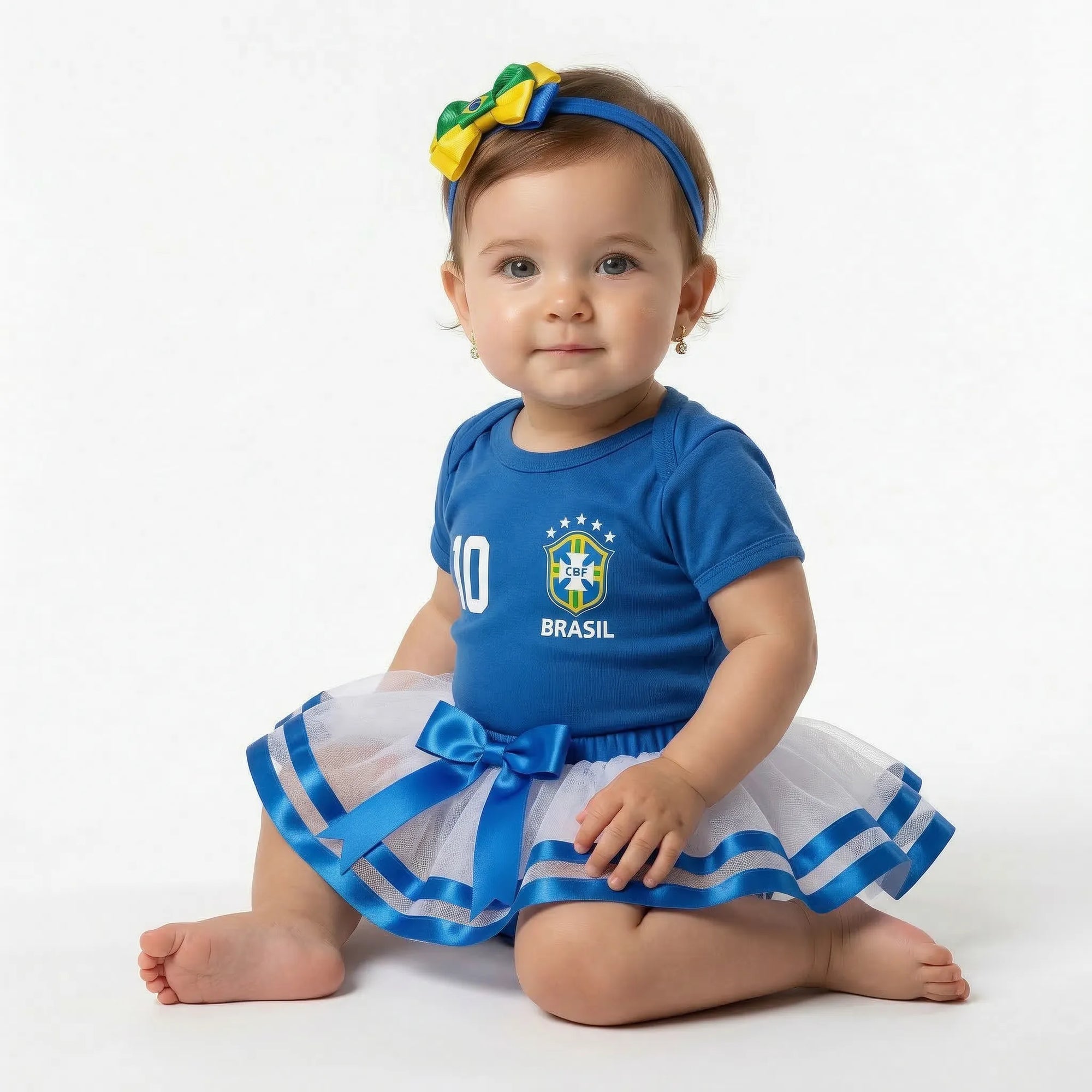 Bebê vestindo kit body saia laço brasil azul feminino VAI DAR BRASIL — torcedora Copa 2026