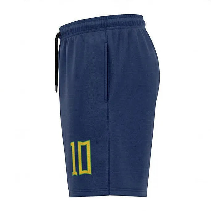 Vista lateral bermuda tactel seleção brasileira azul marinho masculino VAI DAR BRASIL — streetwear Copa 2026
