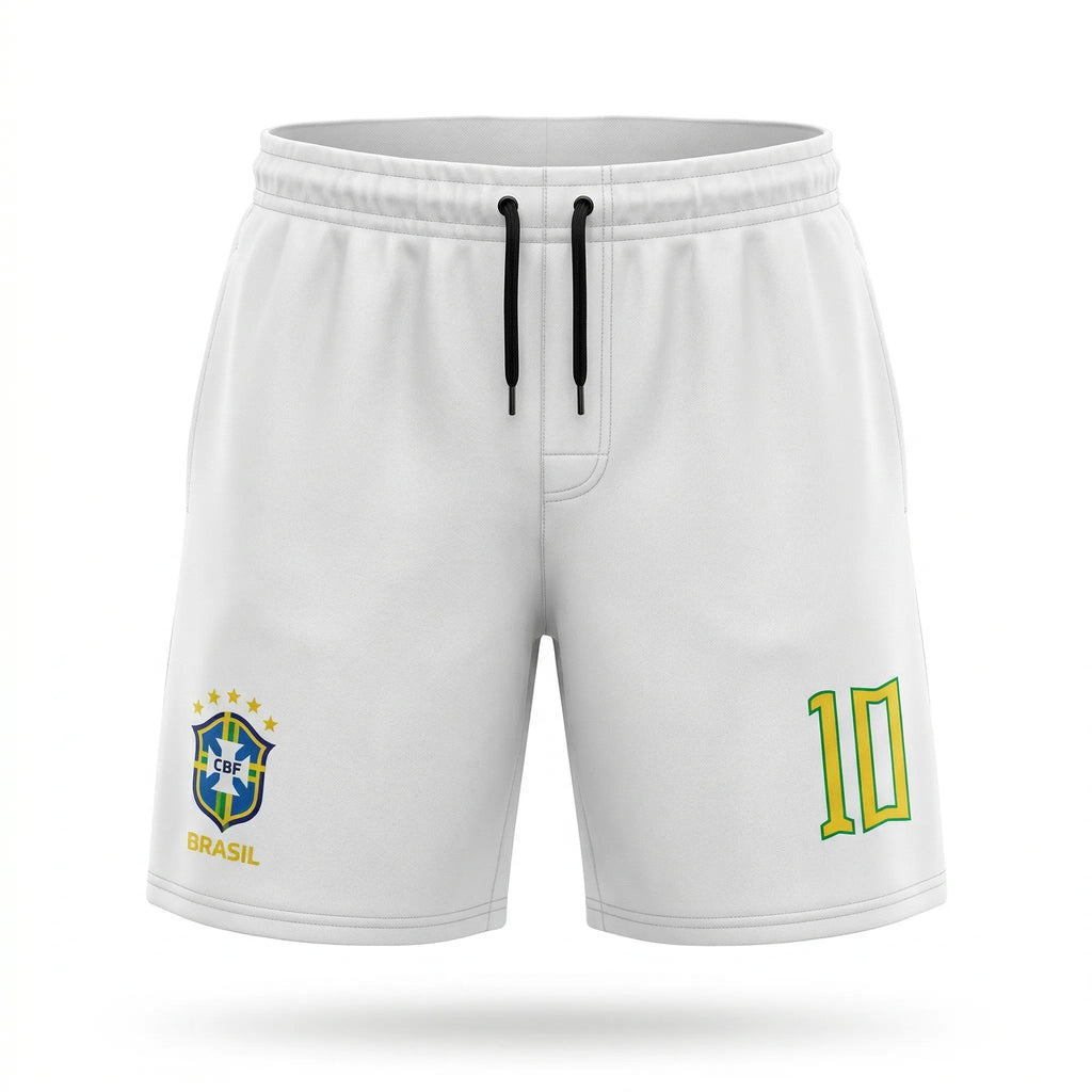 Bermuda tactel streetwear seleção brasileira número 10 branca masculino — VAI DAR BRASIL Copa 2026
