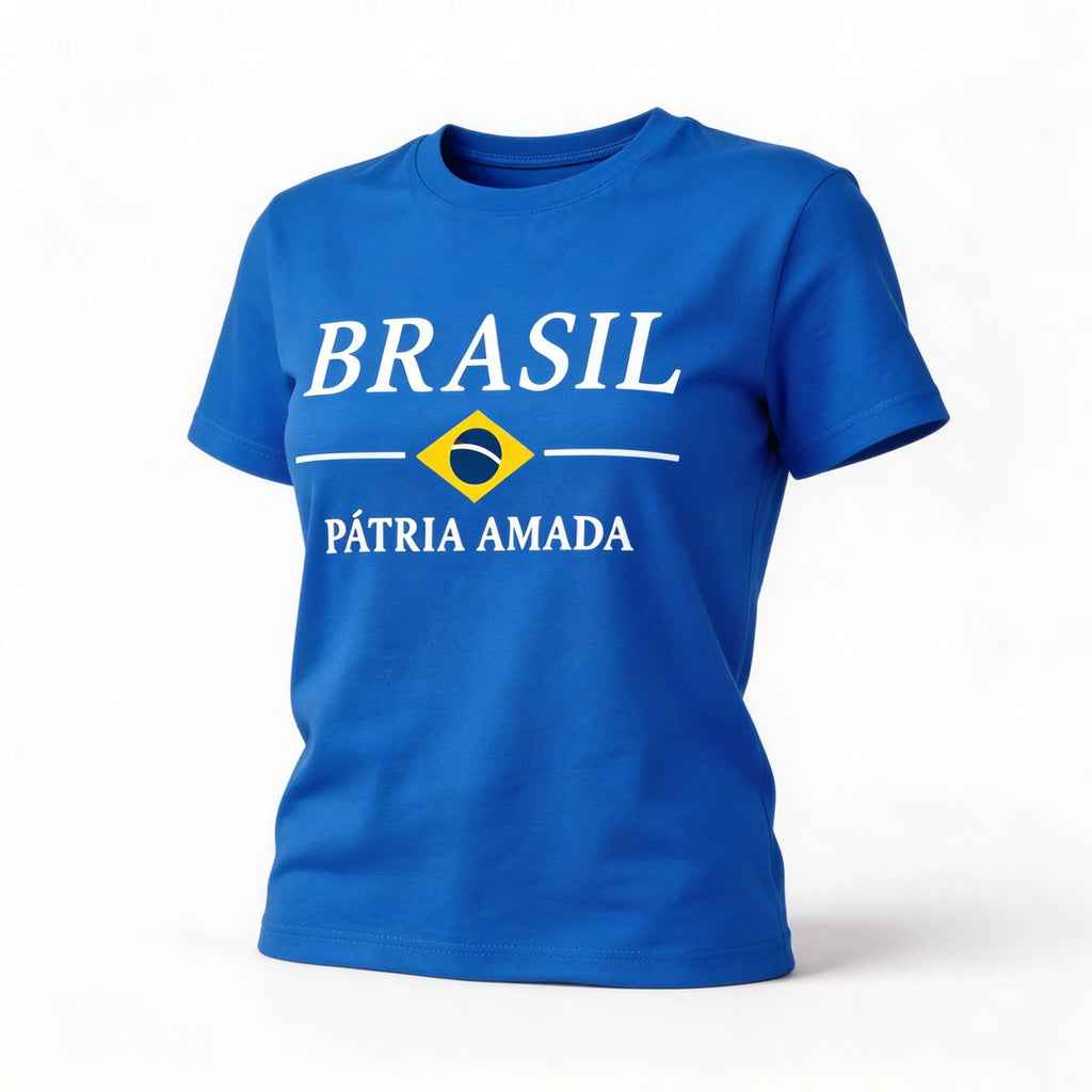 Blusa brasil t-shirt algodão feminino fit regular azul com bandeira estilizada — VAI DAR BRASIL Copa 2026