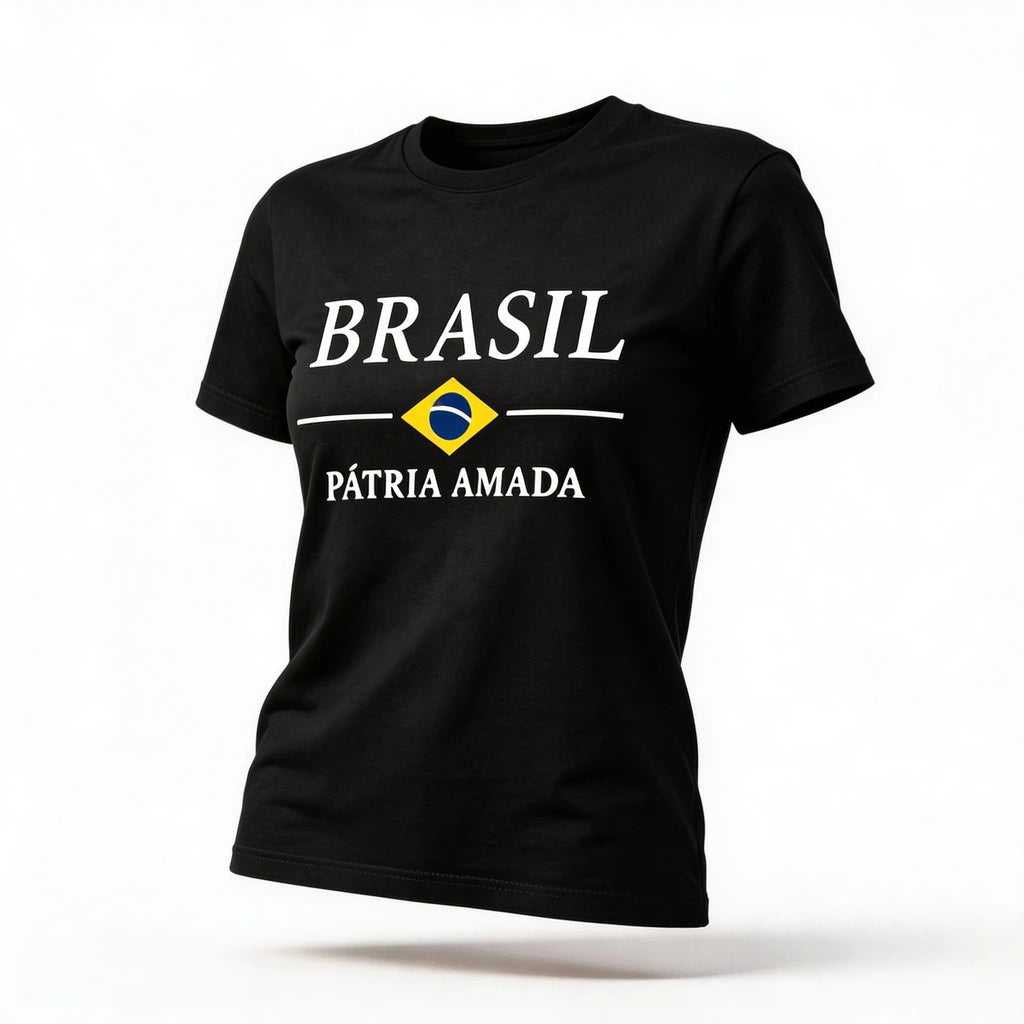 Blusa brasil t-shirt algodão feminino fit regular preto com bandeira estilizada — VAI DAR BRASIL Copa 2026