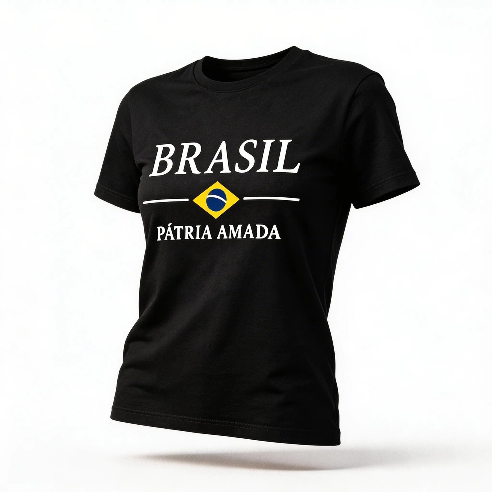 Blusa brasil t-shirt algodão feminino fit regular preto com bandeira estilizada — VAI DAR BRASIL Copa 2026