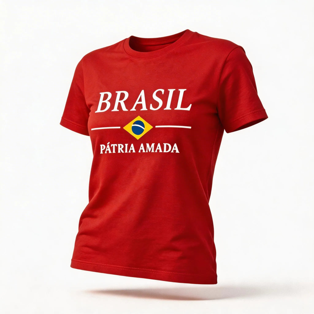 Blusa brasil t-shirt algodão feminino fit regular vermelha com bandeira estilizada — VAI DAR BRASIL Copa 2026