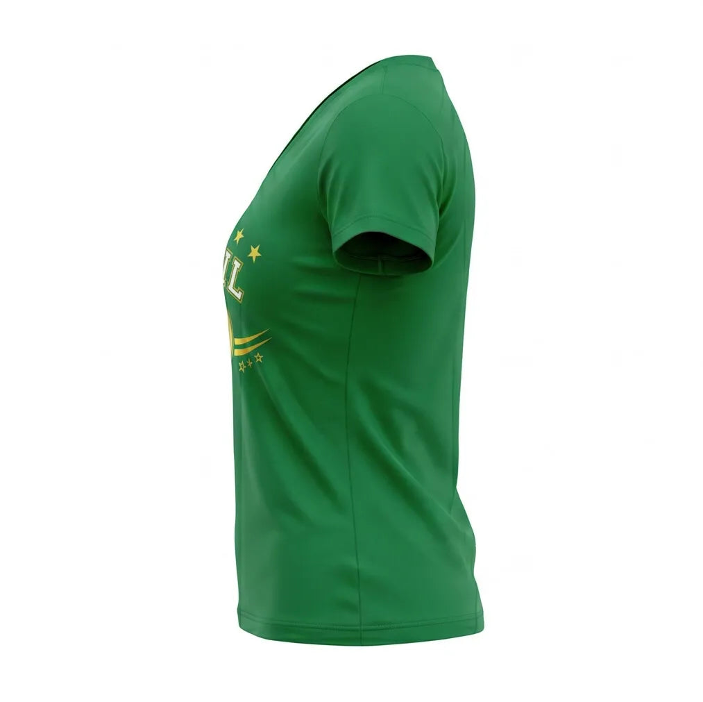 Vista lateral blusa feminina brasil decote V viscolycra verde — caimento fluido copa 2026 VAI DAR BRASIL