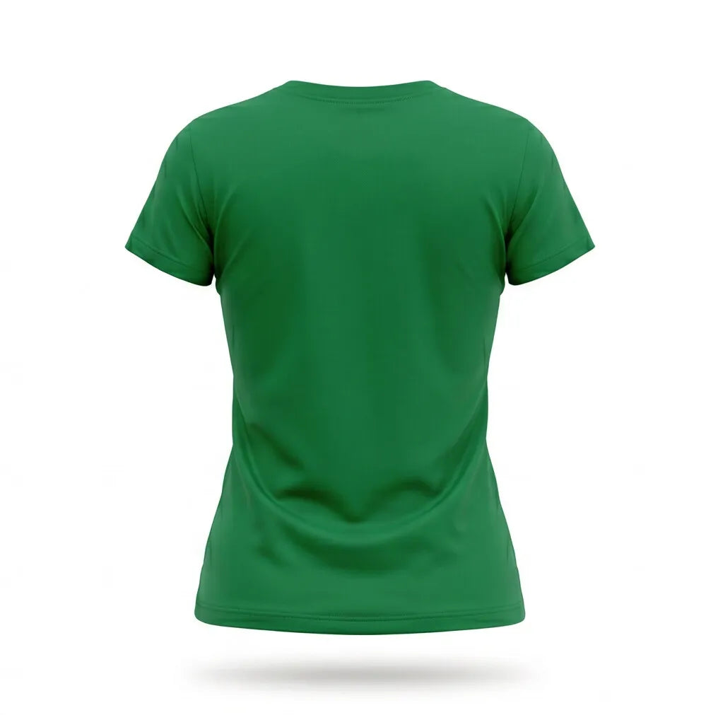 Vista traseira blusa feminina brasil decote V viscolycra verde — caimento fluido copa 2026 VAI DAR BRASIL