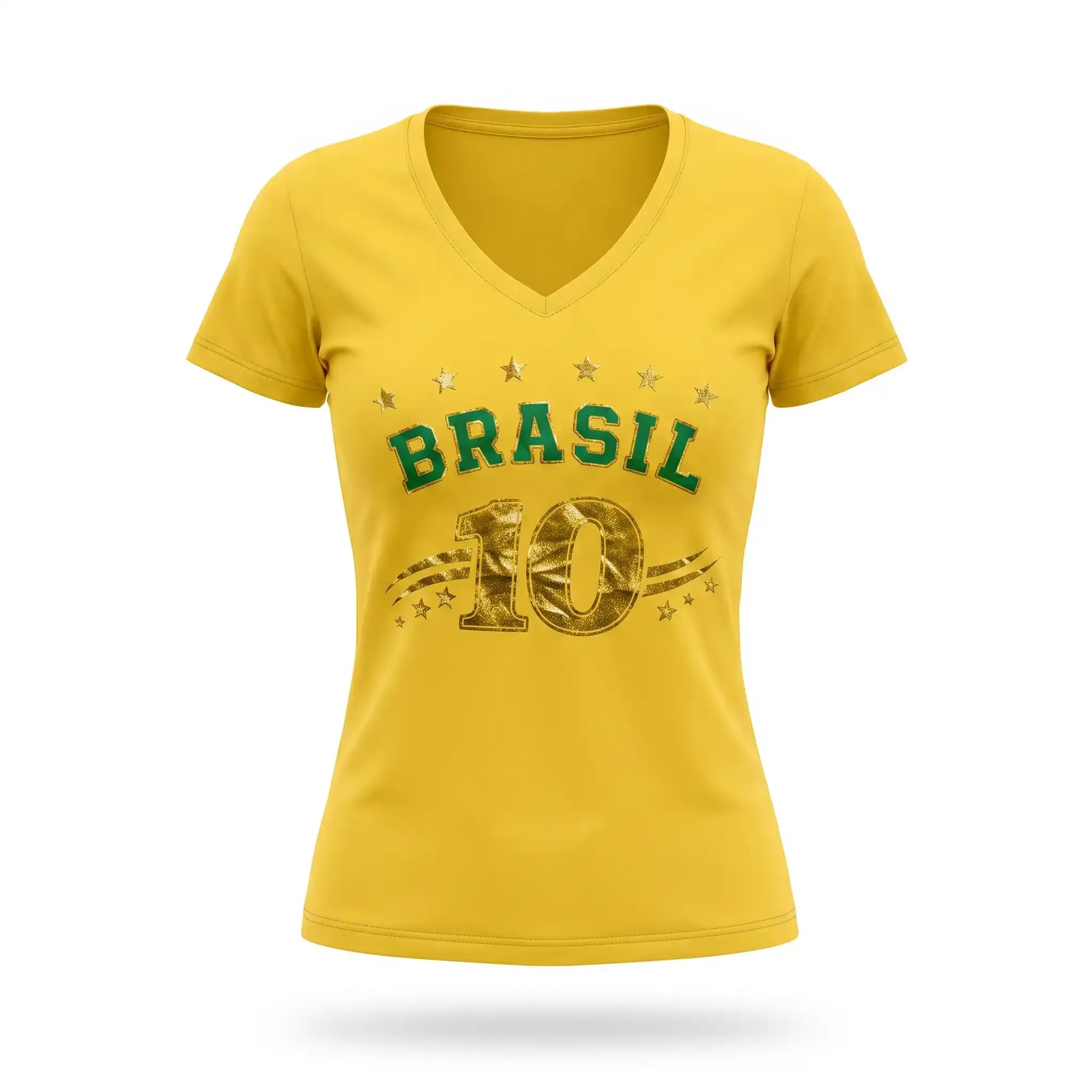 Blusa feminina brasil decote V viscolycra amarelo nome BRASIL frontal — vista frente — VAI DAR BRASIL Copa 2026