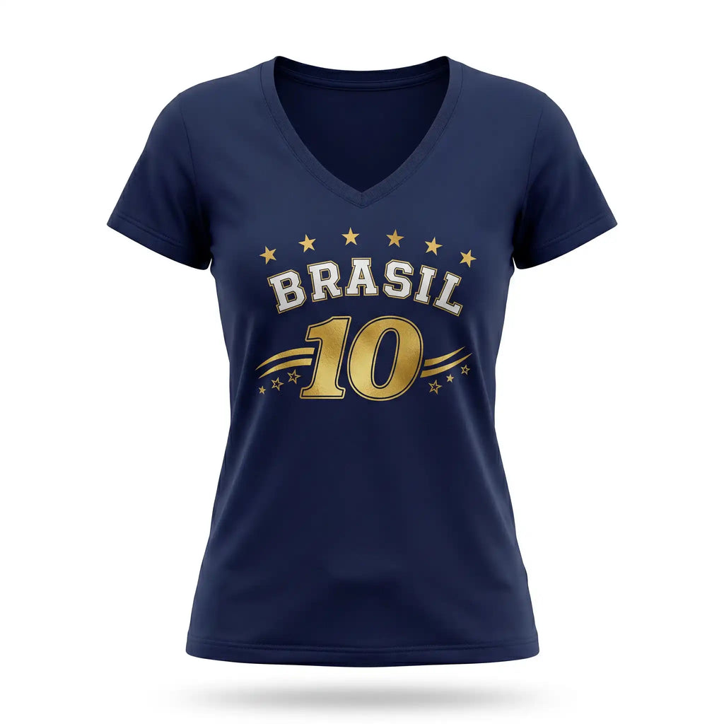 Blusa feminina brasil decote V viscolycra azul marinho nome BRASIL frontal — vista frente — VAI DAR BRASIL Copa 2026