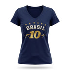 Blusa feminina brasil decote V viscolycra azul marinho nome BRASIL frontal — vista frente — VAI DAR BRASIL Copa 2026