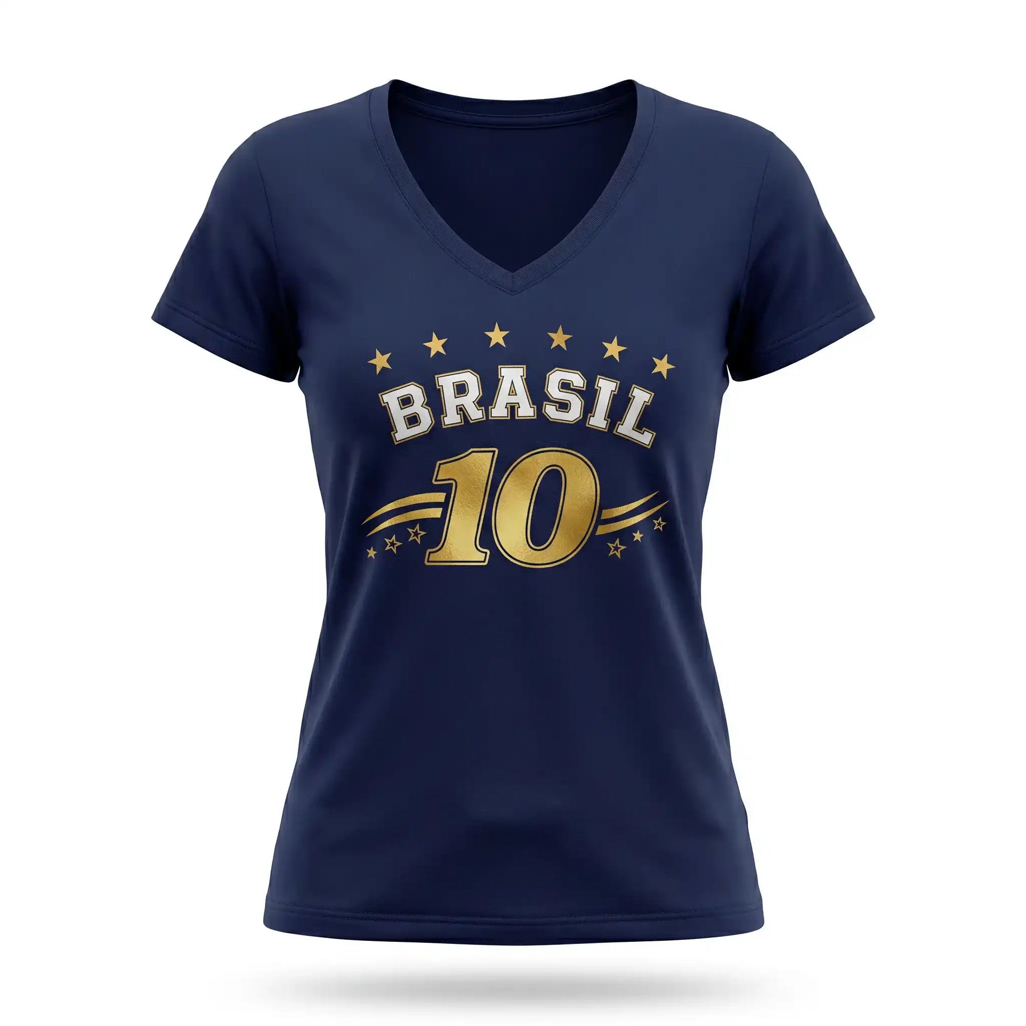 Blusa feminina brasil decote V viscolycra azul marinho nome BRASIL frontal — vista frente — VAI DAR BRASIL Copa 2026