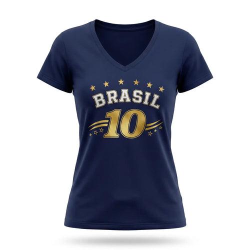 Blusa feminina brasil decote V viscolycra azul marinho nome BRASIL frontal — vista frente — VAI DAR BRASIL Copa 2026