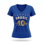 Blusa feminina brasil decote V viscolycra azul nome BRASIL frontal — vista frente — VAI DAR BRASIL Copa 2026