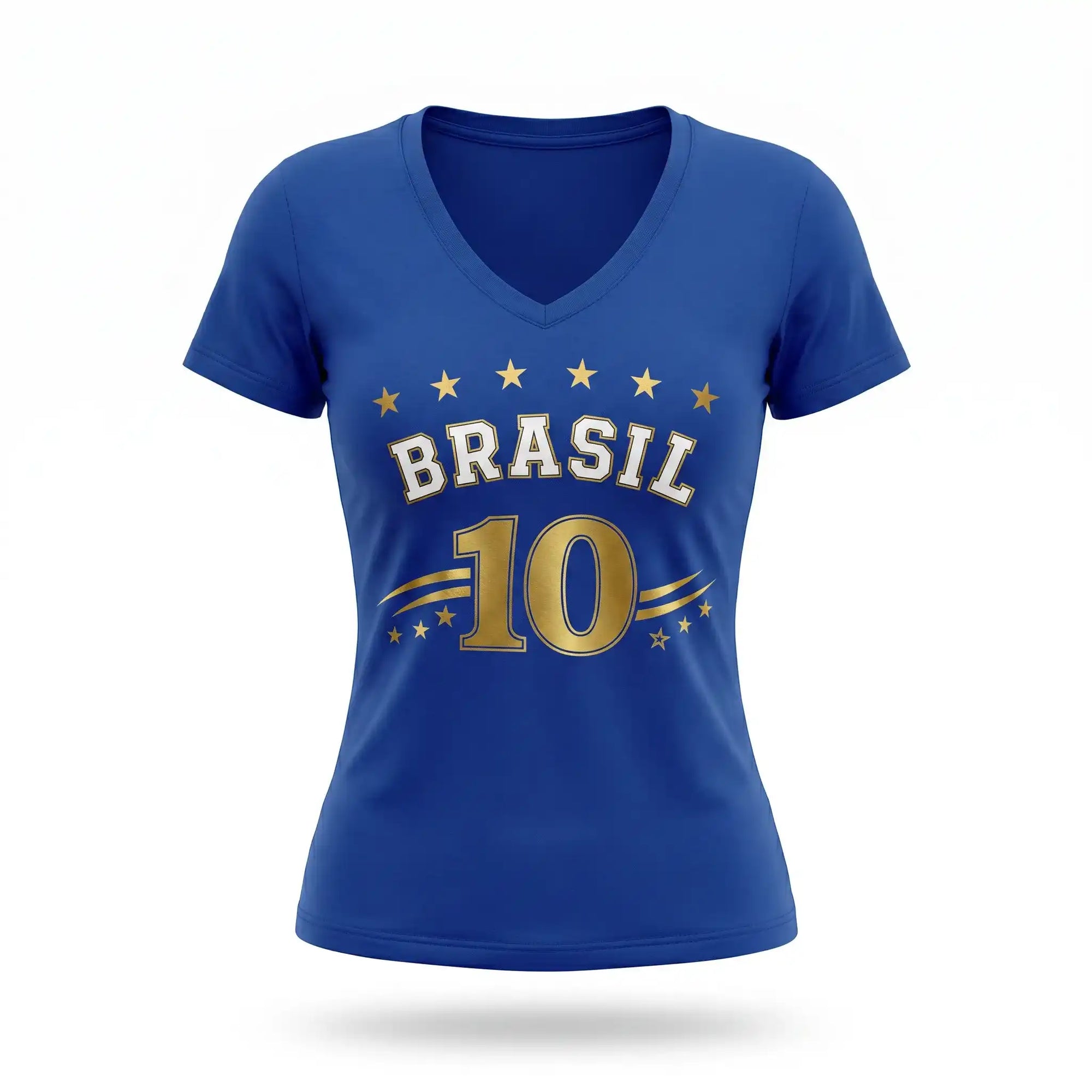 Blusa feminina brasil decote V viscolycra azul nome BRASIL frontal — vista frente — VAI DAR BRASIL Copa 2026