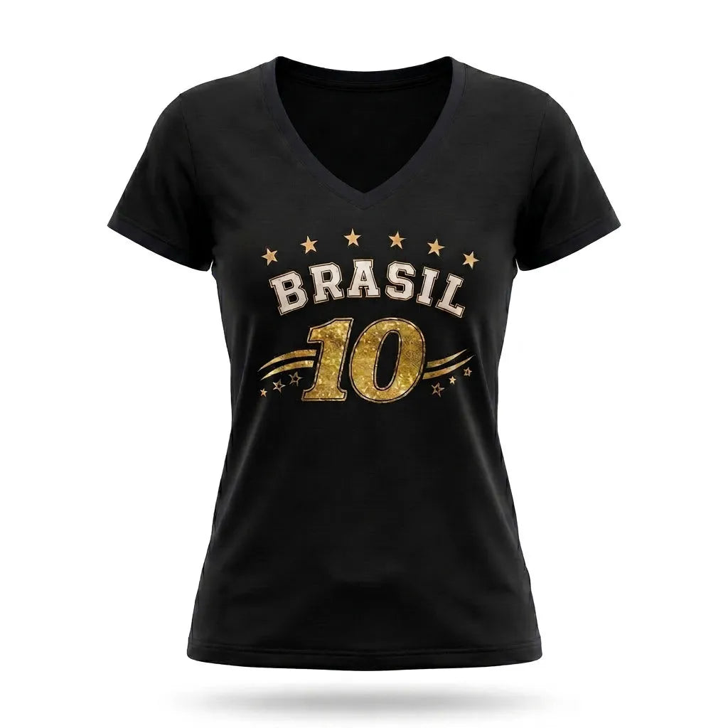 Blusa feminina brasil decote V viscolycra preto nome BRASIL frontal — vista frente — VAI DAR BRASIL Copa 2026