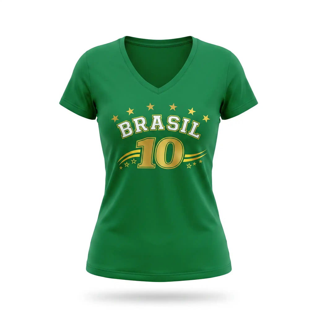 Blusa feminina brasil decote V viscolycra verde nome BRASIL frontal — vista frente — VAI DAR BRASIL Copa 2026