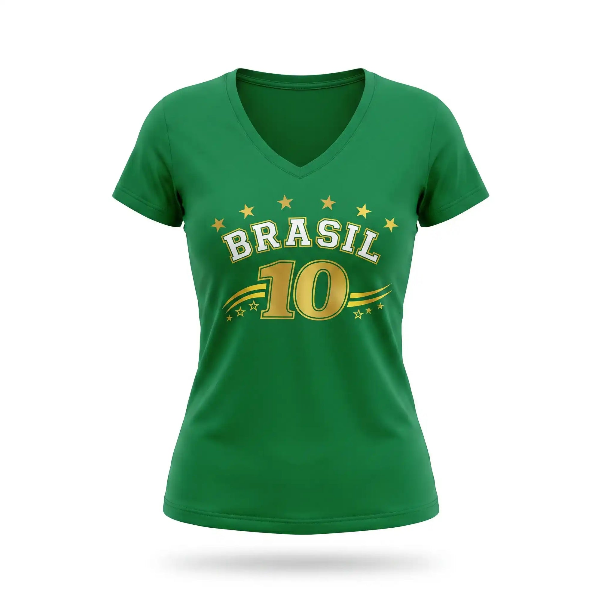 Blusa feminina brasil decote V viscolycra verde nome BRASIL frontal — vista frente — VAI DAR BRASIL Copa 2026