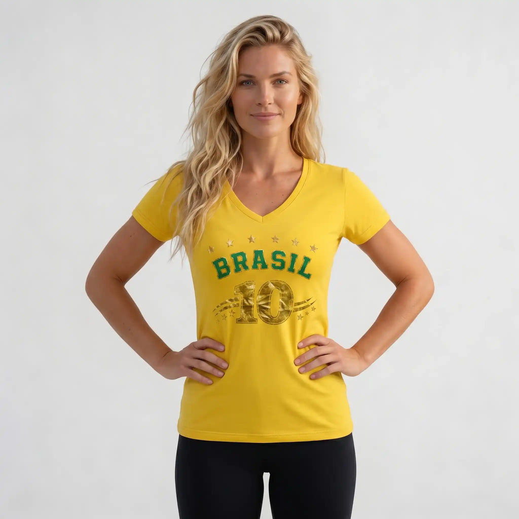Modelo vestindo blusa feminina brasil decote V viscolycra amarela — look elegante torcida Copa 2026 VAI DAR BRASIL