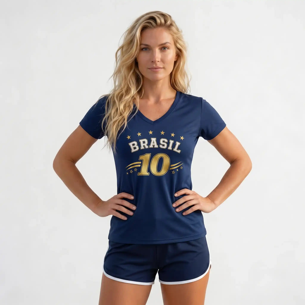 Modelo vestindo blusa feminina brasil decote V viscolycra azul marinho — look elegante torcida Copa 2026 VAI DAR BRASIL