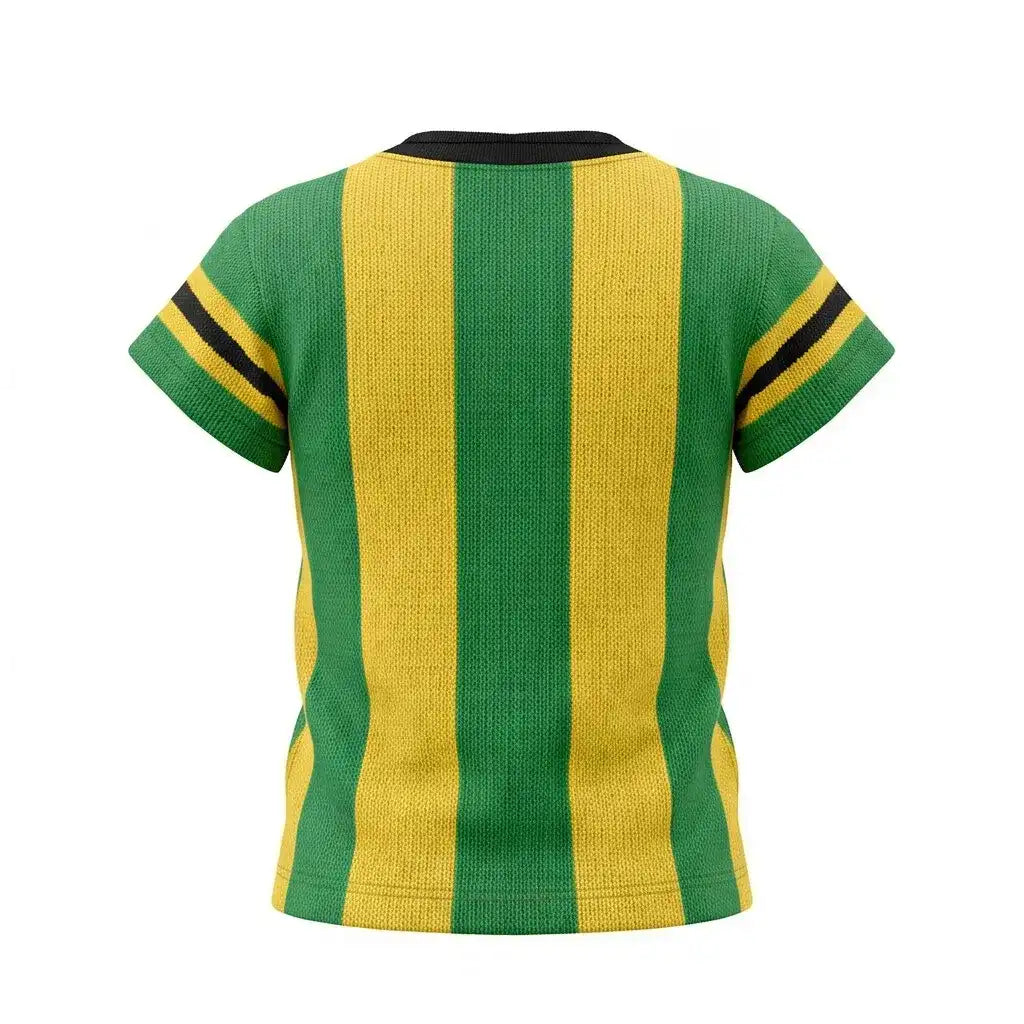 Vista traseira blusa infantil listrada tricô brasil verde amarelo — caimento Copa 2026 VAI DAR BRASIL
