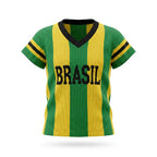 Blusa infantil listrada tricô brasil verde amarelo decote v BRASIL — vista frontal — VAI DAR BRASIL Copa 2026
