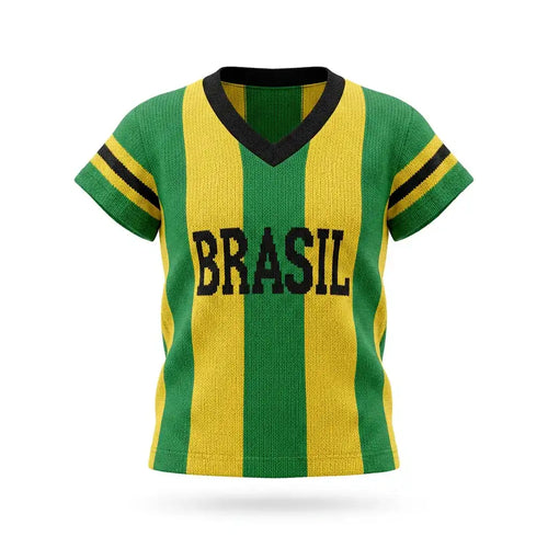 Blusa infantil listrada tricô brasil verde amarelo decote v BRASIL — vista frontal — VAI DAR BRASIL Copa 2026