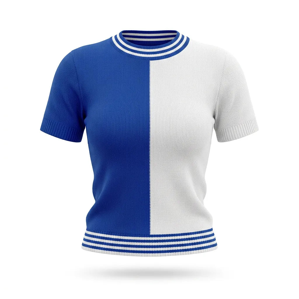 Blusa tricô bicolor feminina brasil azul branco manga curta — vista frente — VAI DAR BRASIL Copa 2026