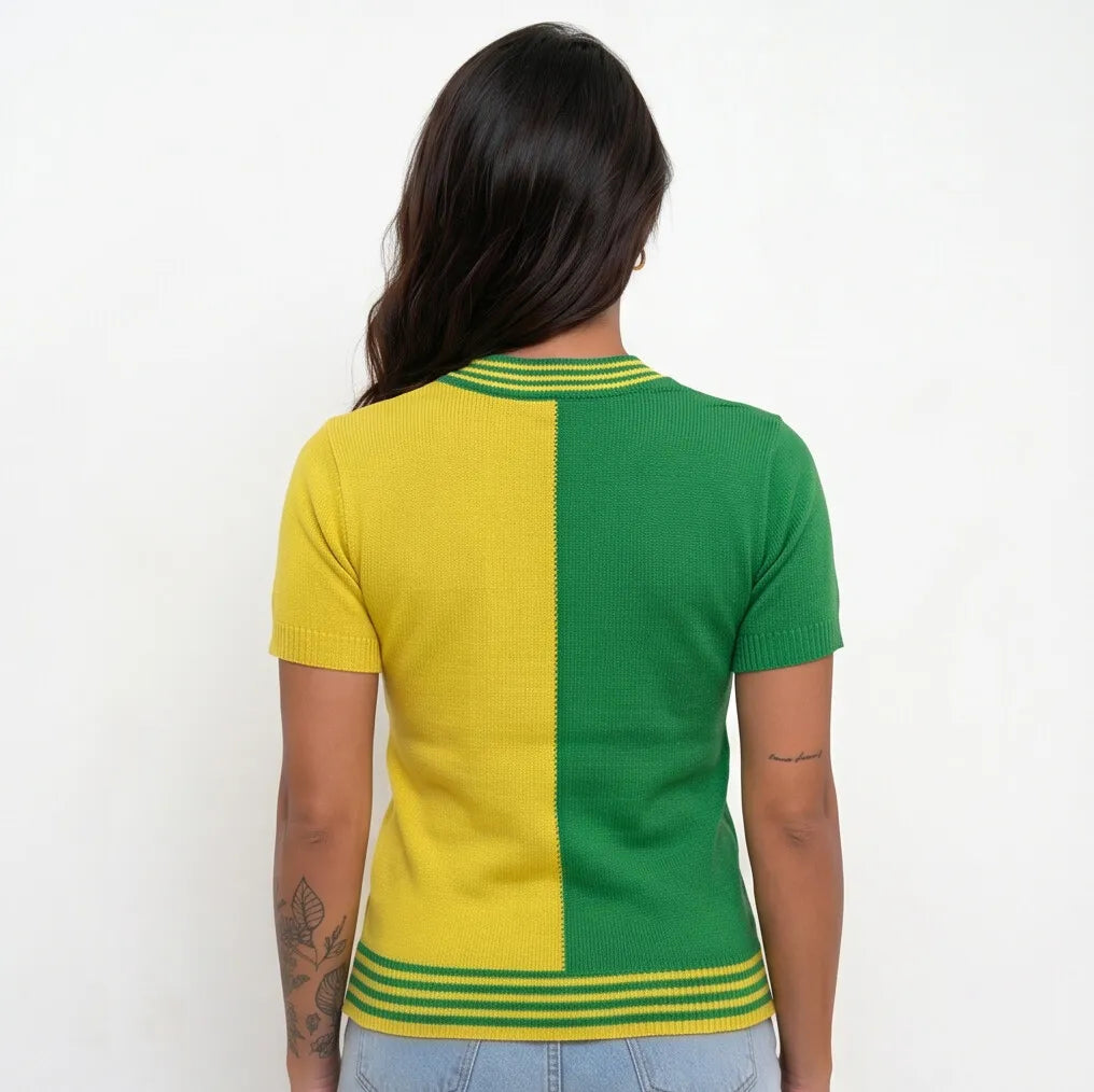 Vista traseira blusa tricô bicolor brasil verde amarelo  — caimento Copa 2026 VAI DAR BRASIL