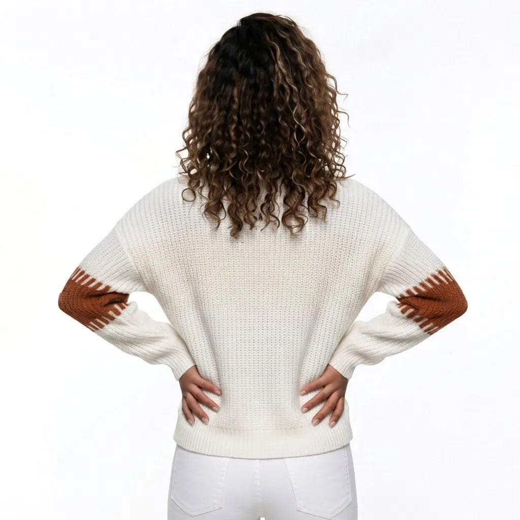 Blusa Tricô Bicolor Manga Bufante Ombro Caído