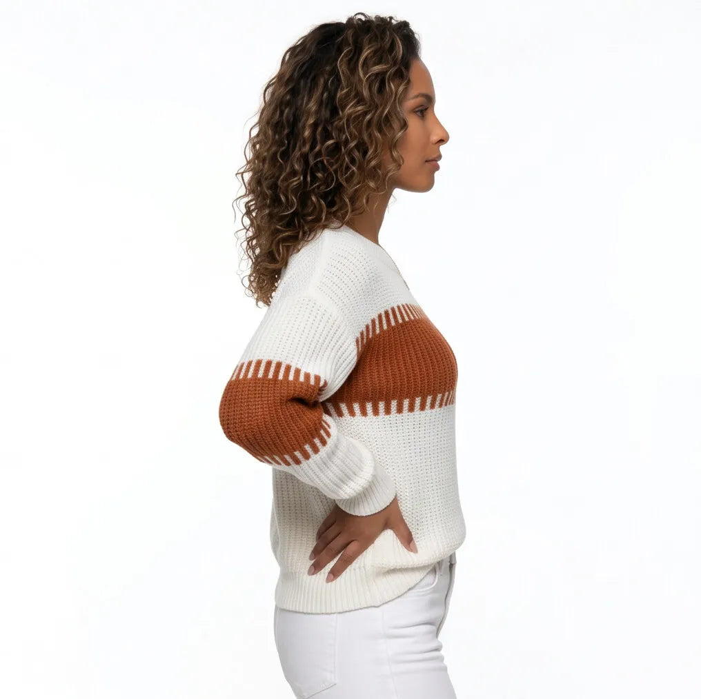 Blusa Tricô Bicolor Manga Bufante Ombro Caído