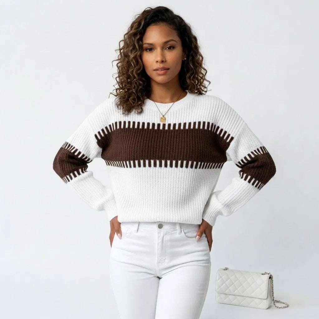 Blusa Tricô Bicolor Manga Bufante Ombro Caído