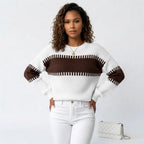 Blusa Tricô Bicolor Manga Bufante Ombro Caído