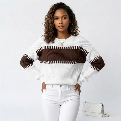 Blusa Tricô Bicolor Manga Bufante Ombro Caído