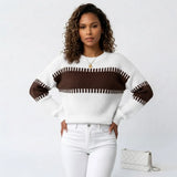 Blusa Tricô Bicolor Manga Bufante Ombro Caído