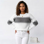 Blusa Tricô Bicolor Manga Bufante Ombro Caído