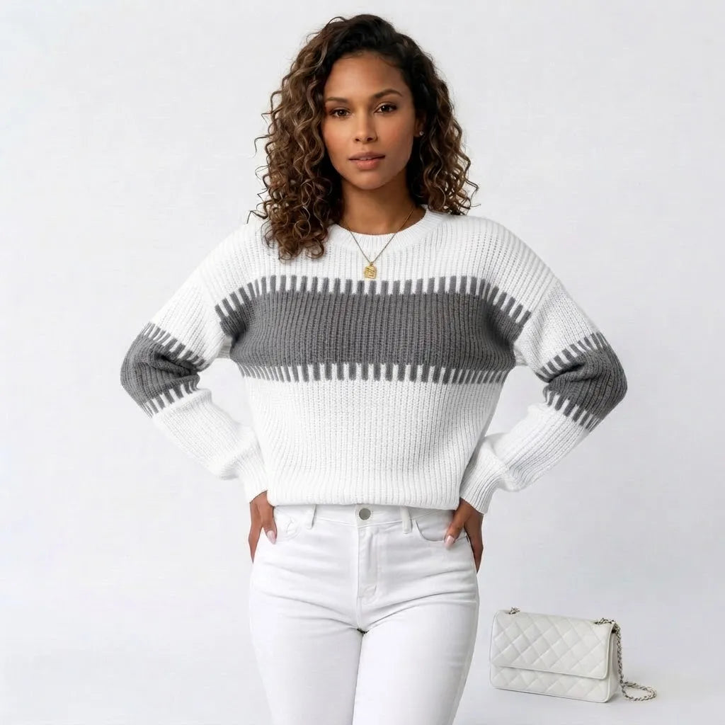 Blusa Tricô Bicolor Manga Bufante Ombro Caído