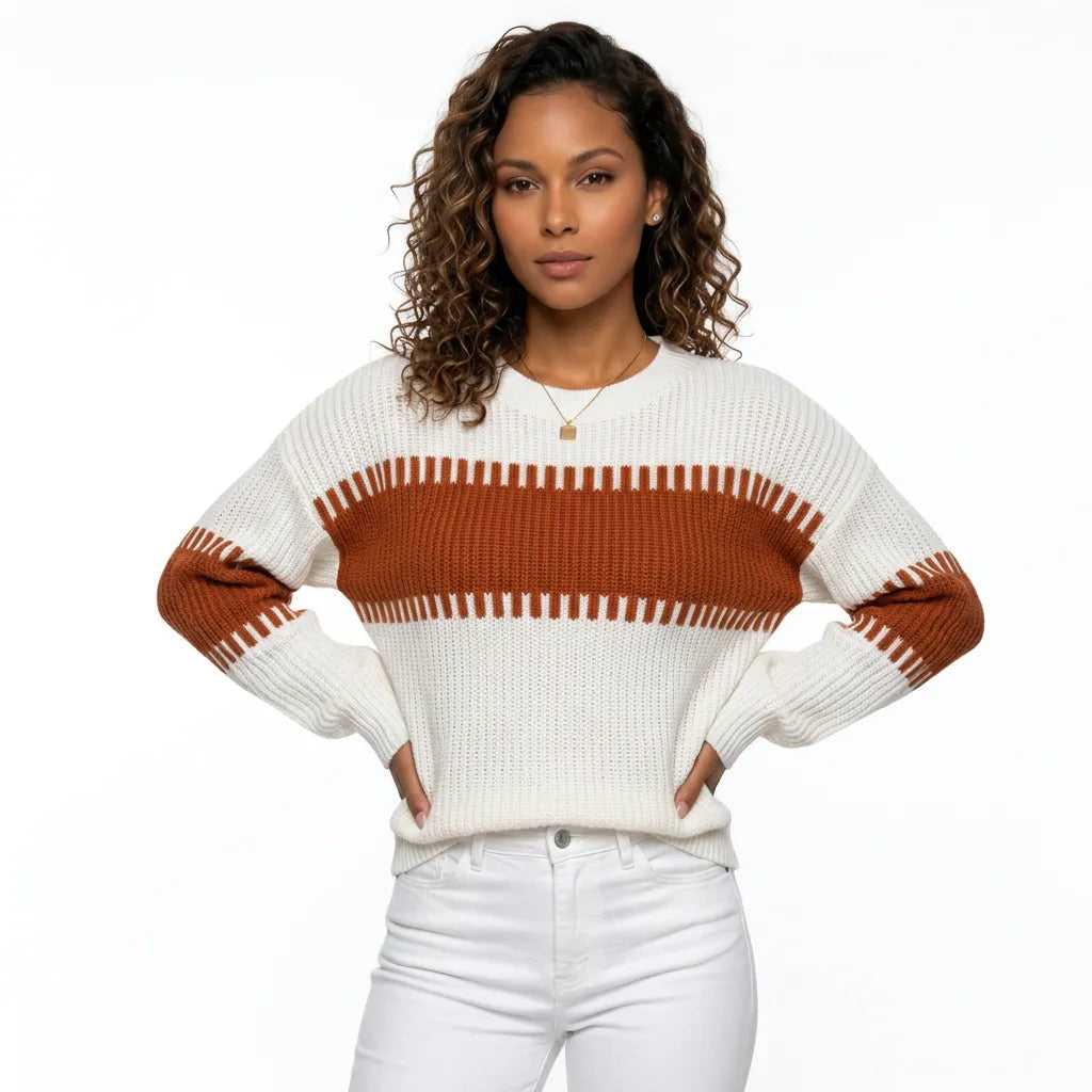 Blusa Tricô Bicolor Manga Bufante Ombro Caído