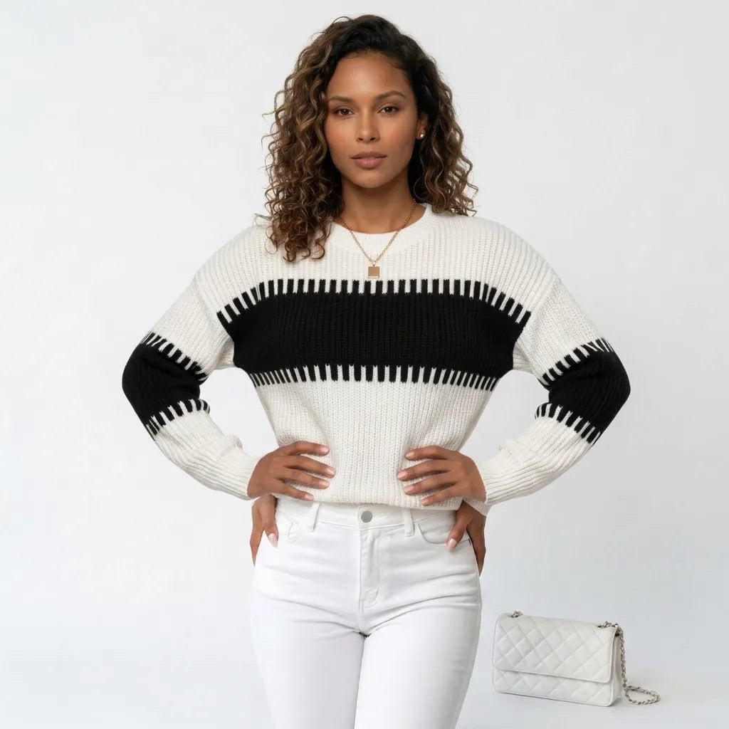 Blusa Tricô Bicolor Manga Bufante Ombro Caído