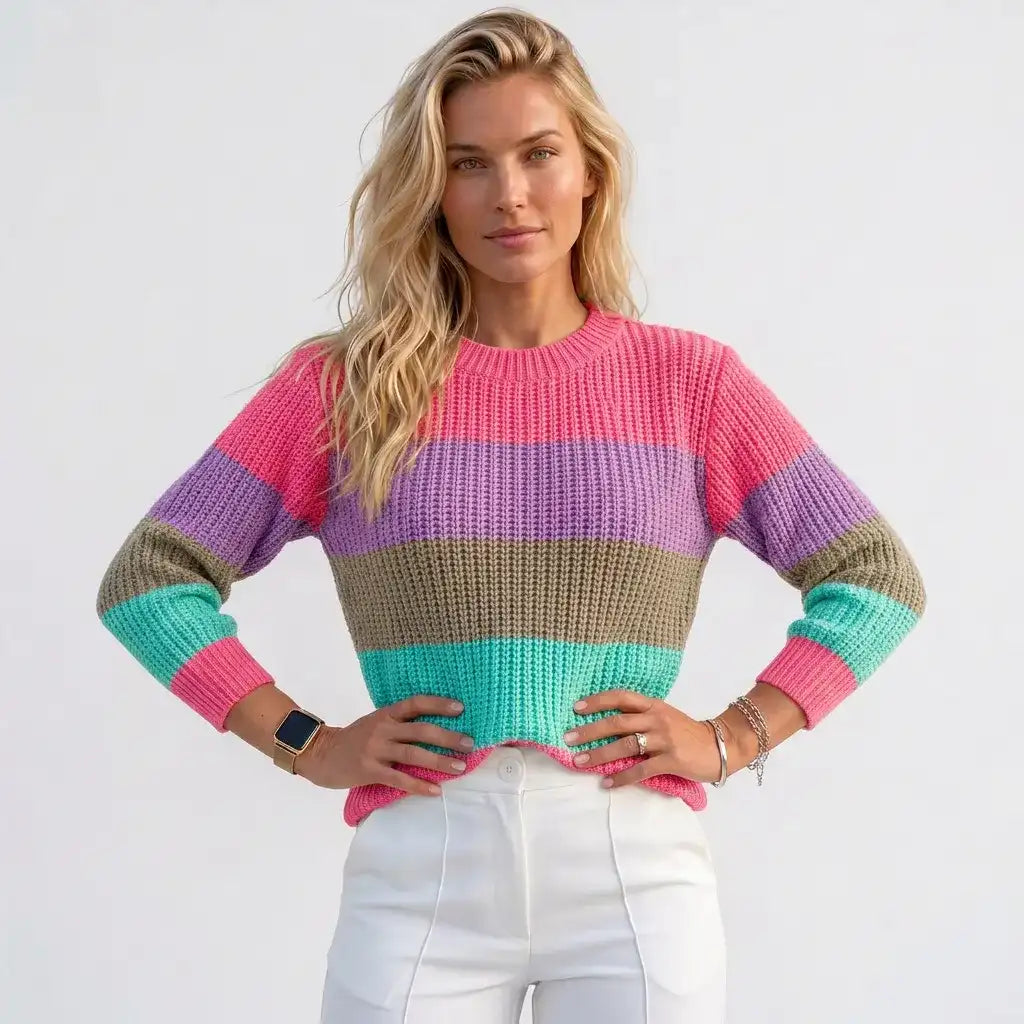Blusa Tricô Listrada Manga Longa Colorida