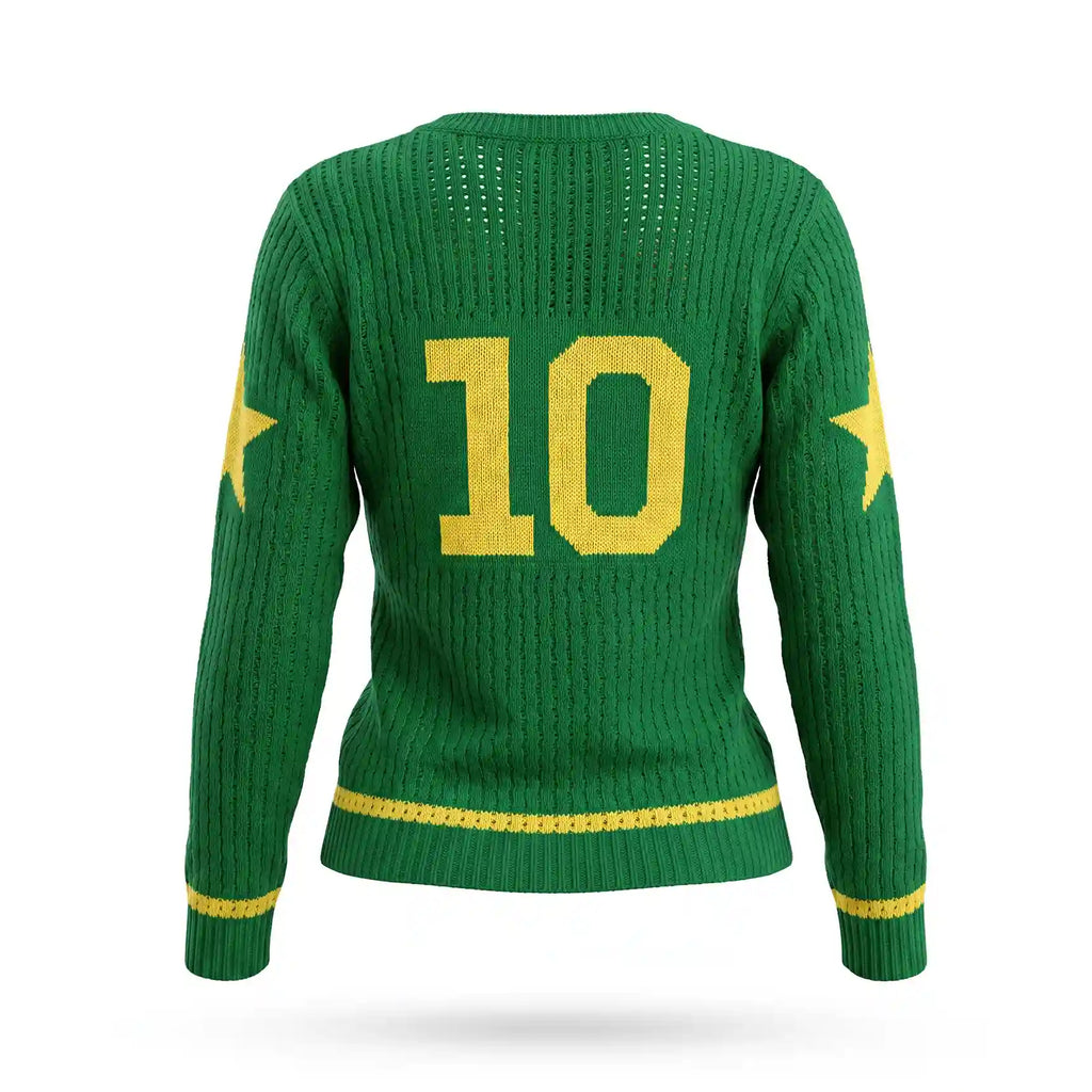 Vista traseira da blusa feminina tricô manga longa gola V brasil malha vazadinha verde amarelo azul — VAI DAR BRASIL Copa 2026