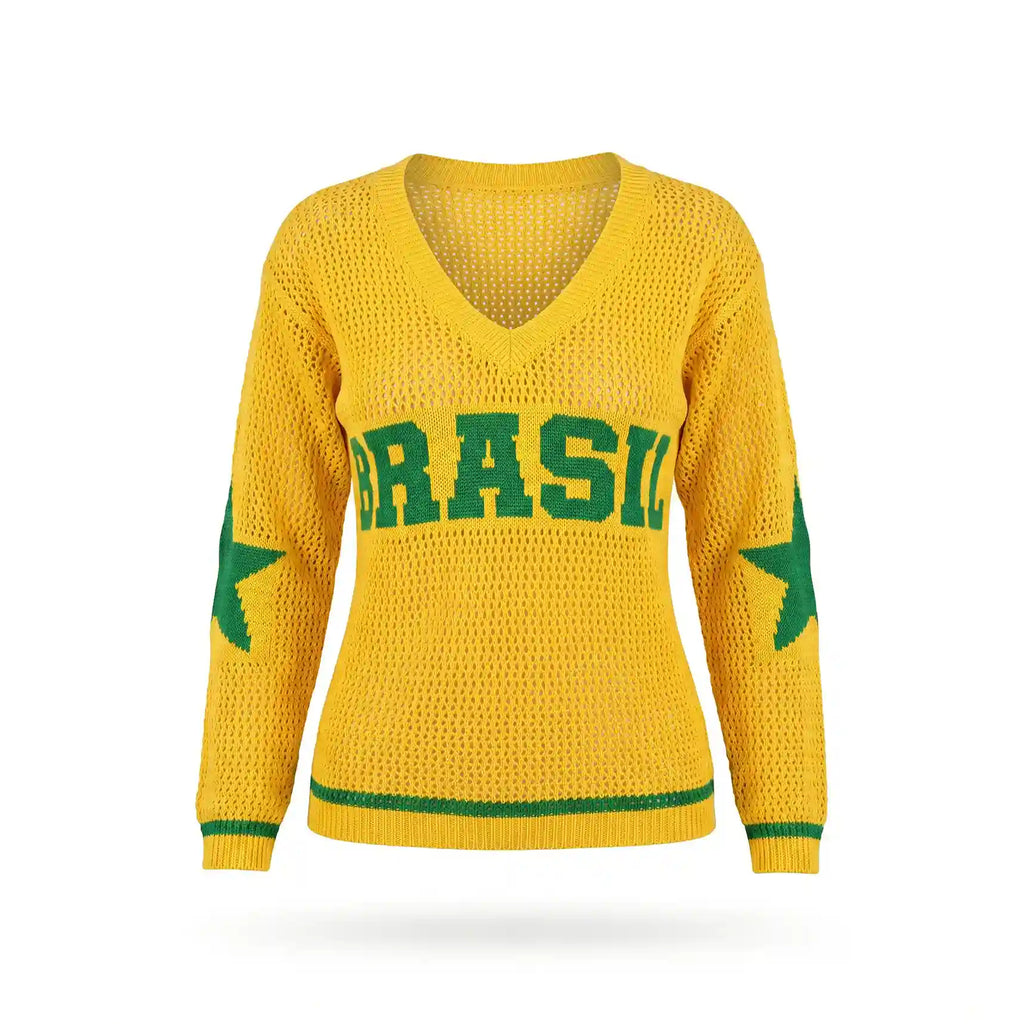 Blusa feminina tricô malha vazada manga longa gola V amarela BRASIL frontal — vista frente — VAI DAR BRASIL Copa 2026