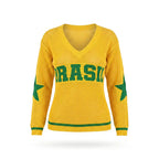 Blusa feminina tricô malha vazada manga longa gola V amarela BRASIL frontal — vista frente — VAI DAR BRASIL Copa 2026