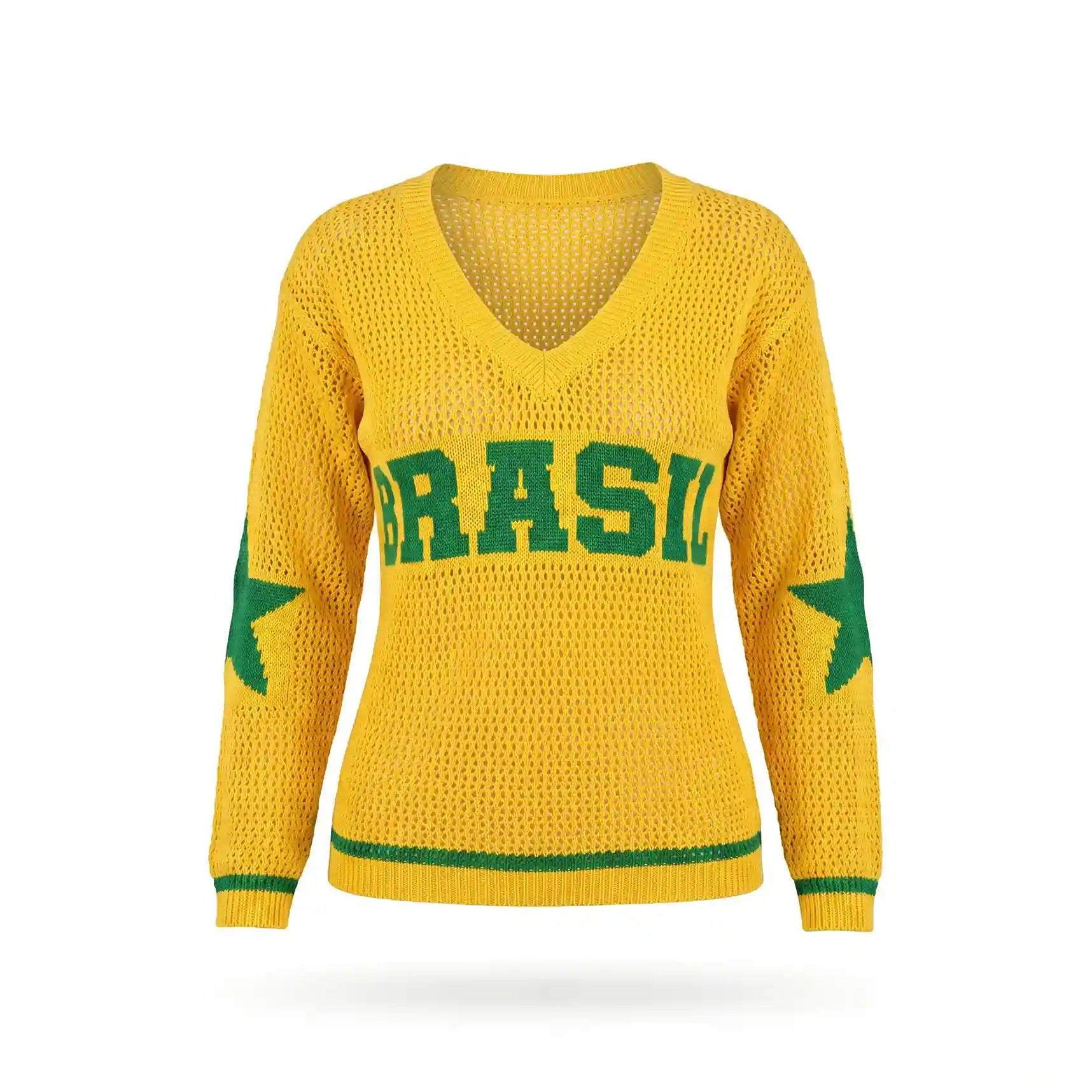 Blusa feminina tricô malha vazada manga longa gola V amarela BRASIL frontal — vista frente — VAI DAR BRASIL Copa 2026