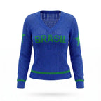Blusa feminina tricô malha vazada manga longa gola V azul BRASIL frontal — vista frente — VAI DAR BRASIL Copa 2026