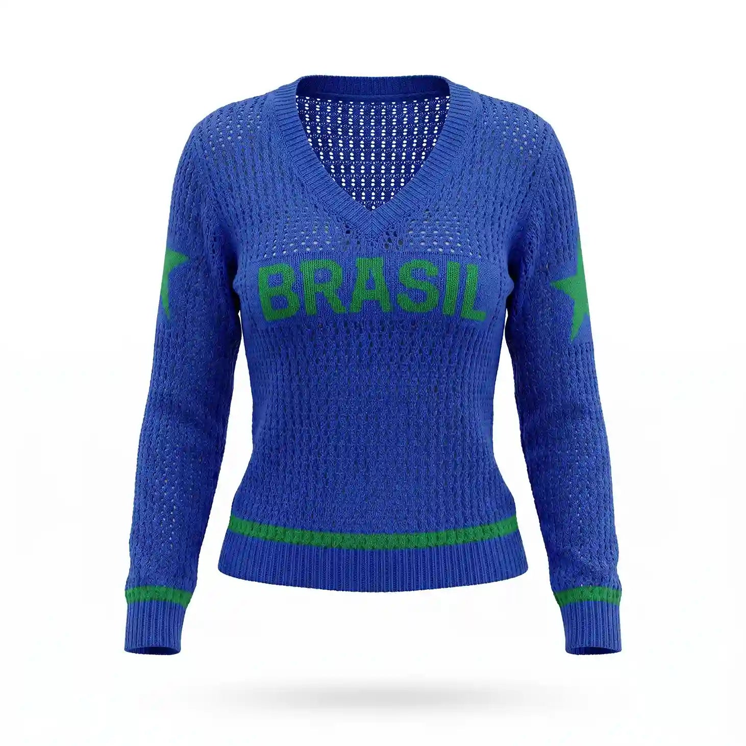 Blusa feminina tricô malha vazada manga longa gola V azul BRASIL frontal — vista frente — VAI DAR BRASIL Copa 2026