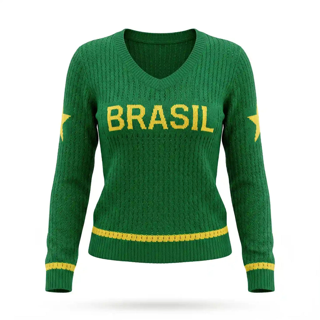 Blusa feminina tricô malha vazada manga longa gola V verde BRASIL frontal — vista frente — VAI DAR BRASIL Copa 2026