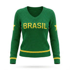 Blusa feminina tricô malha vazada manga longa gola V verde BRASIL frontal — vista frente — VAI DAR BRASIL Copa 2026