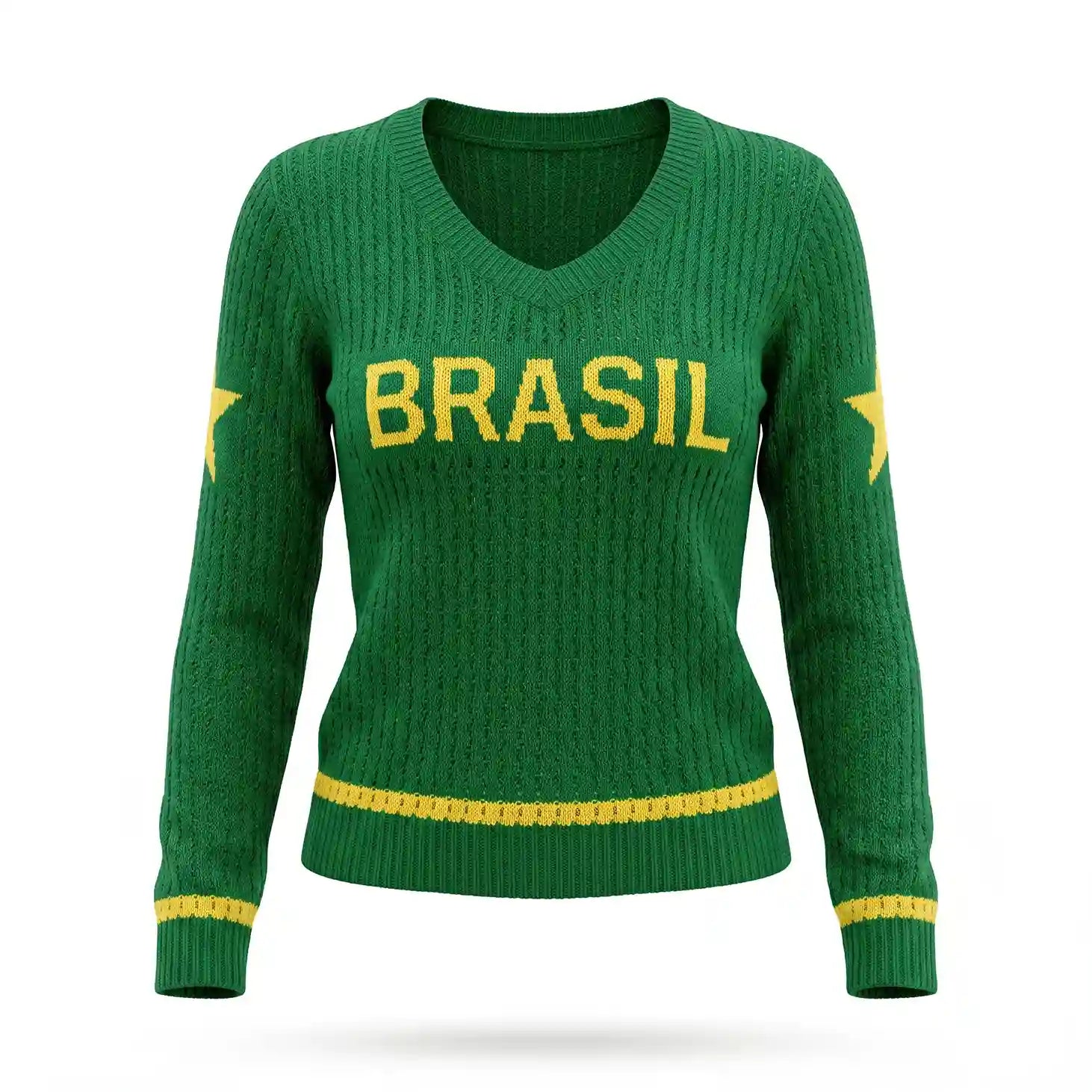 Blusa feminina tricô malha vazada manga longa gola V verde BRASIL frontal — vista frente — VAI DAR BRASIL Copa 2026