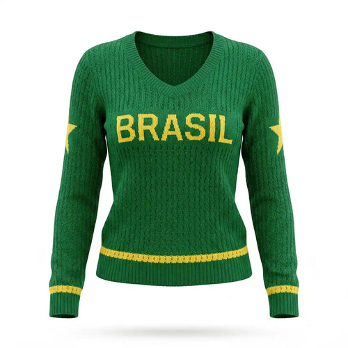 Blusa feminina tricô malha vazada manga longa gola V verde BRASIL frontal — vista frente — VAI DAR BRASIL Copa 2026