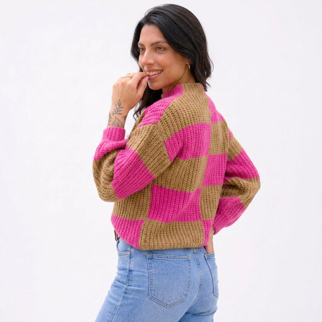 Blusa Tricô Xadrez Manga Longa Verde e Bege