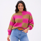Blusa Tricô Xadrez Manga Longa Verde e Bege